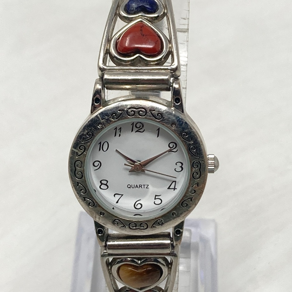 Accutime Heart Watch Women Silver Tone Gemstone Stretch Band New Battery 6.5"